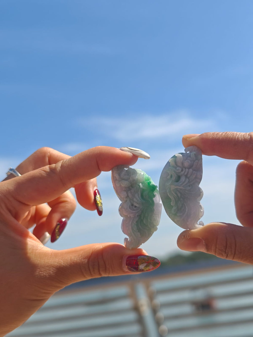 一對 Adamigold | 龍鳳春彩翡翠手雕件｜Dragon &amp; Phoenix Spring-color Jadeite Carving