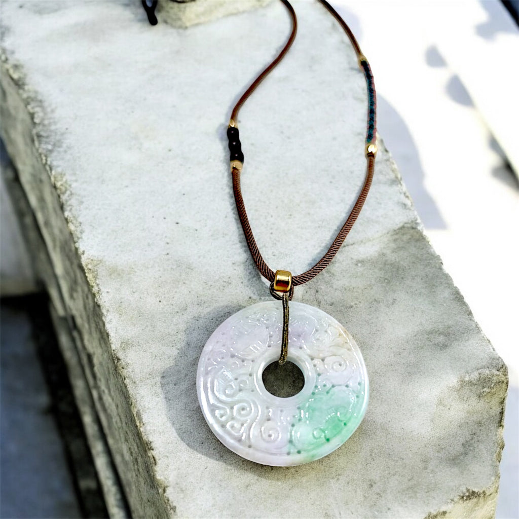 Carved safety buckle necklace | Natural tricolor jadeite (yellow + green + purple)
